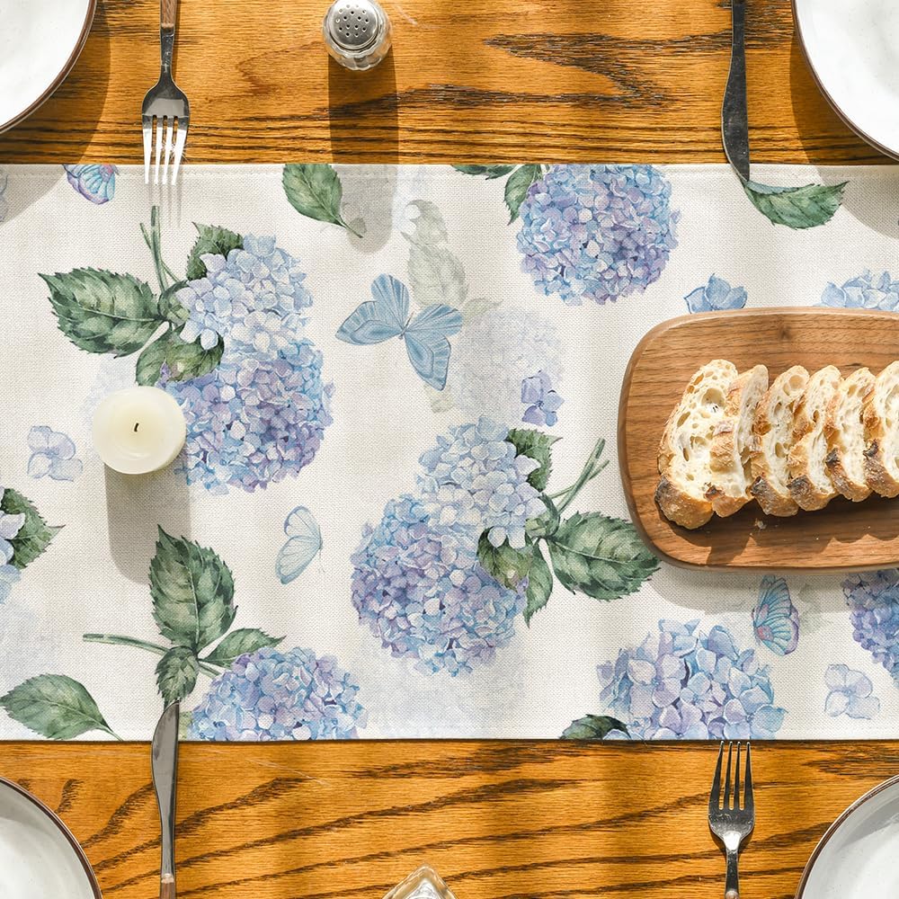 Hydrangea Butterfly Summer Table Runner, Seasonal Spring Holiday Kitchen Dining Table Decoration for Home Party Indoor 13x72 Inch