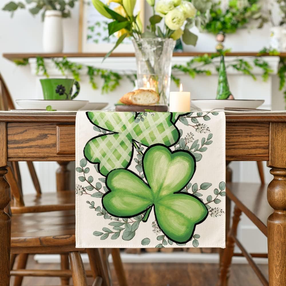Clover Shamrocks Eucalyptus Buffalo Plaid St.Patrick's Day Table Runner, Seasonal Kitchen Dining Table Runner for Home Party Decor 13x72 Inch