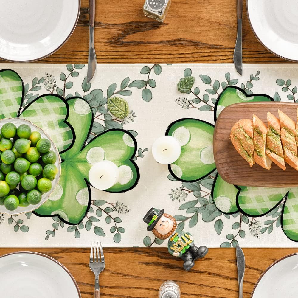 Clover Shamrocks Eucalyptus Buffalo Plaid St.Patrick's Day Table Runner, Seasonal Kitchen Dining Table Runner for Home Party Decor 13x72 Inch