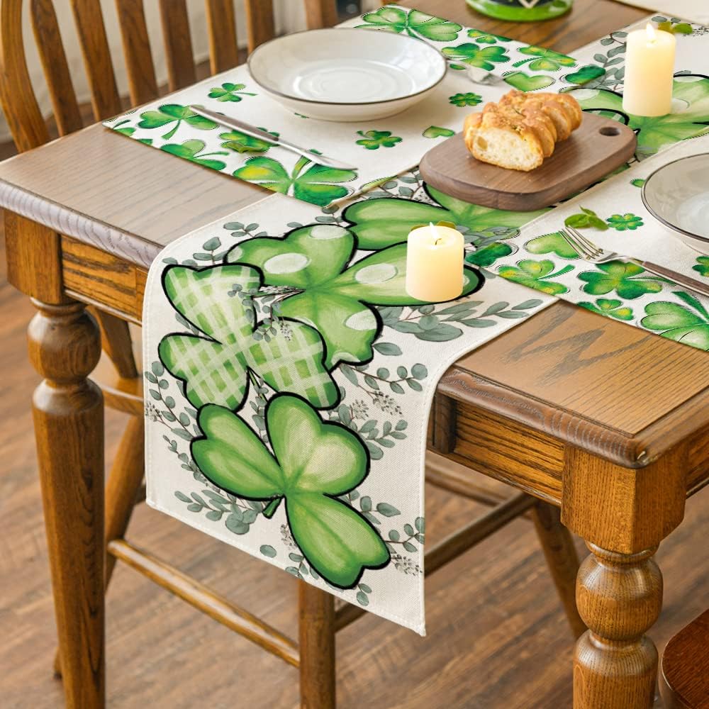 Clover Shamrocks Eucalyptus Buffalo Plaid St.Patrick's Day Table Runner, Seasonal Kitchen Dining Table Runner for Home Party Decor 13x72 Inch
