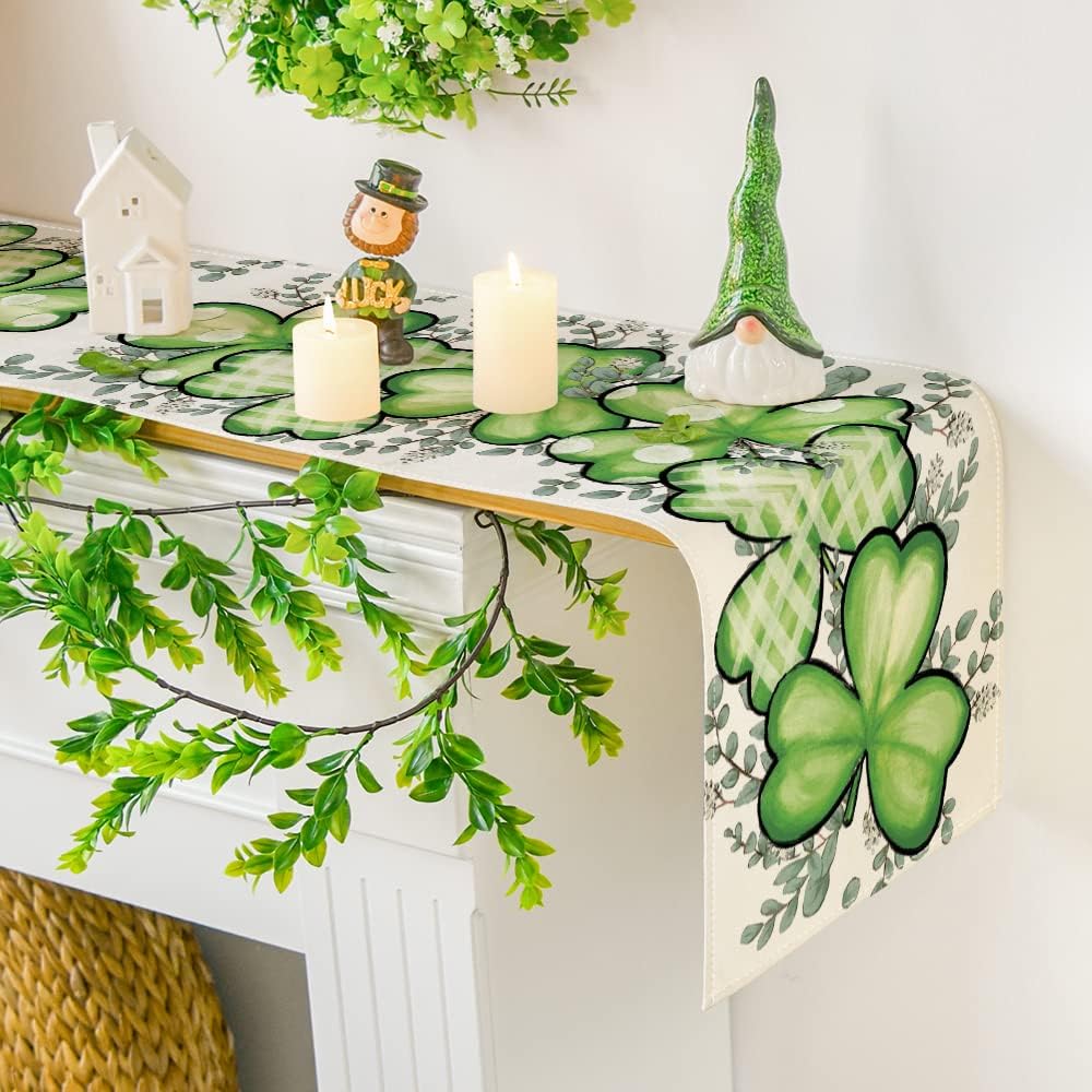 Clover Shamrocks Eucalyptus Buffalo Plaid St.Patrick's Day Table Runner, Seasonal Kitchen Dining Table Runner for Home Party Decor 13x72 Inch