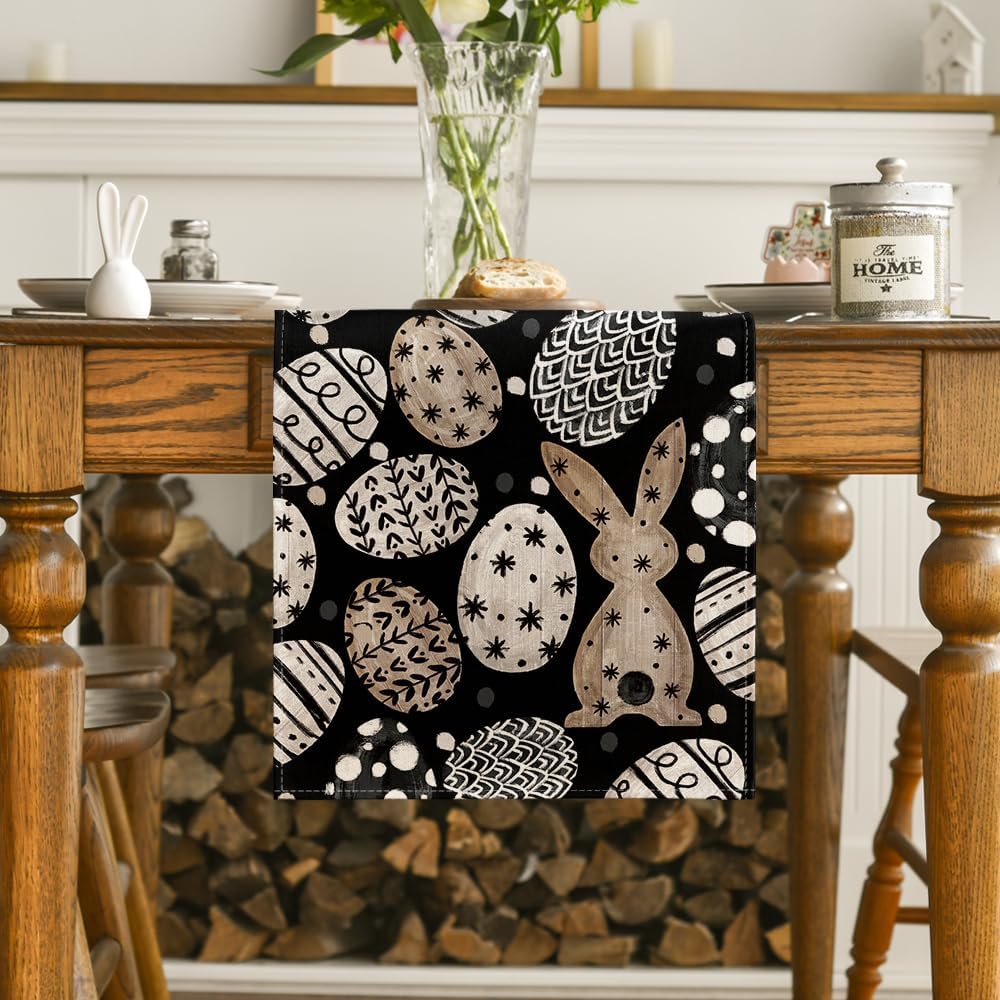 Bunny Rabbit Eggs Flowers Easter Table Runner, Seasonal Spring Kitchen Dining Table Decoration for Home Party Decor 13x72 Inch