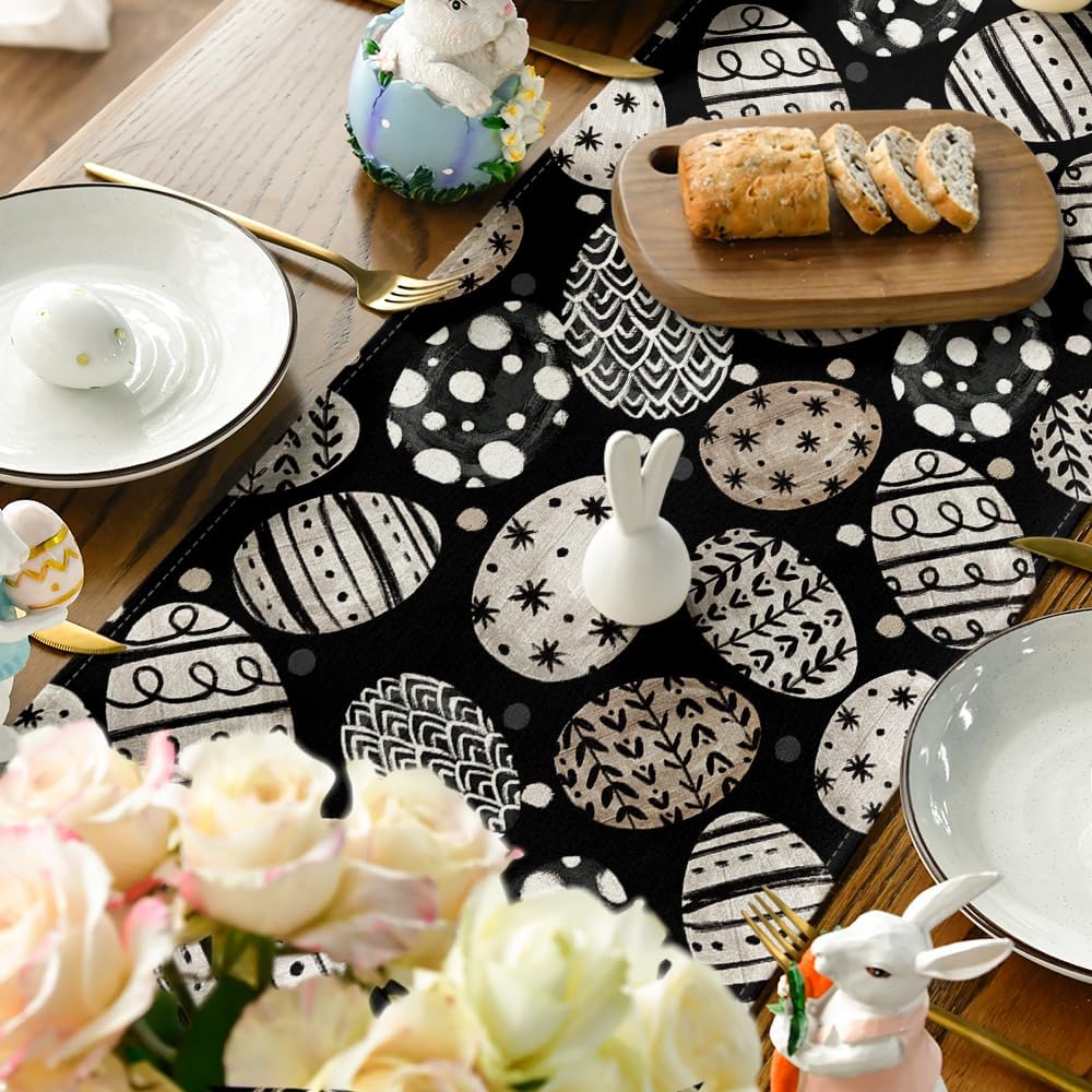 Bunny Rabbit Eggs Flowers Easter Table Runner, Seasonal Spring Kitchen Dining Table Decoration for Home Party Decor 13x72 Inch