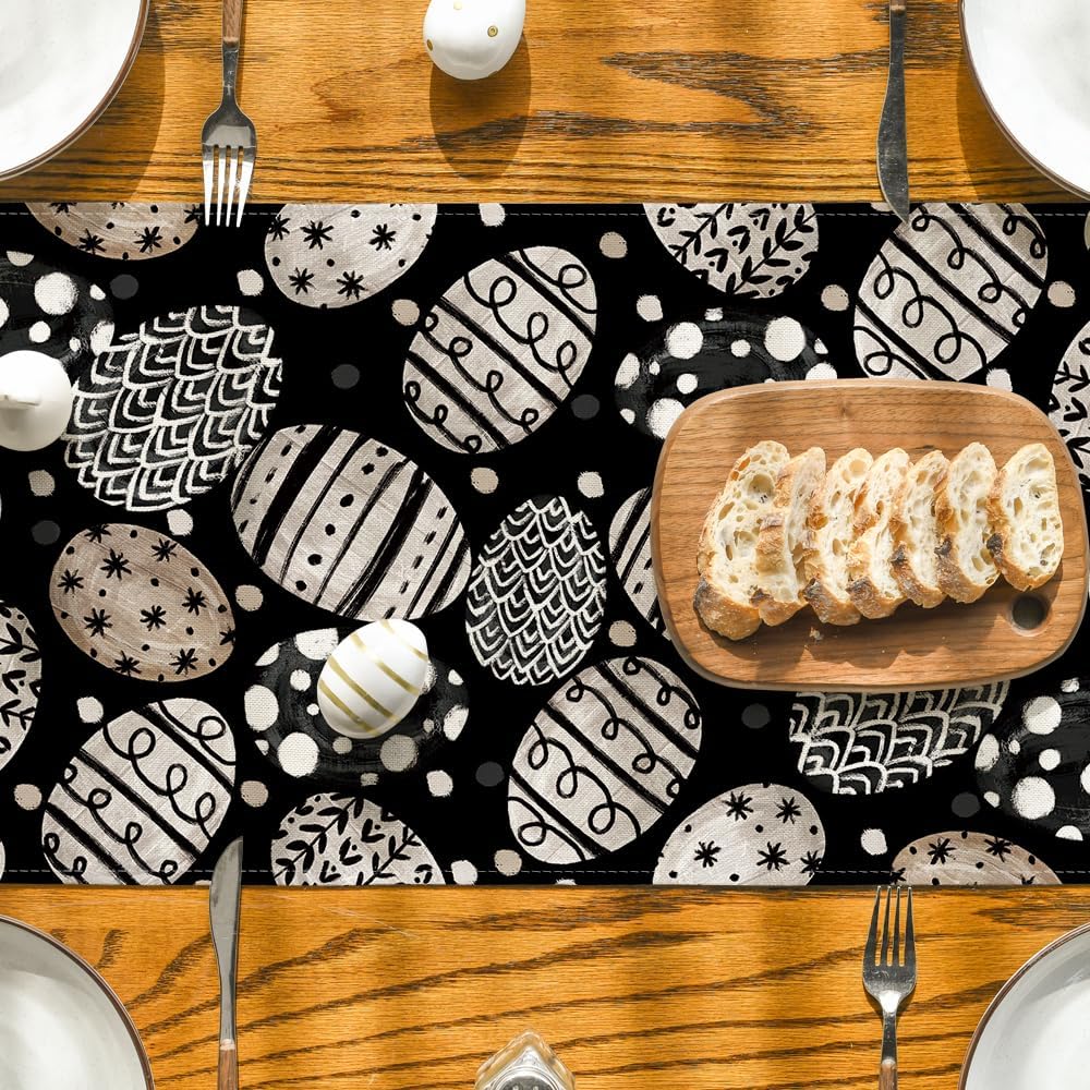 Bunny Rabbit Eggs Flowers Easter Table Runner, Seasonal Spring Kitchen Dining Table Decoration for Home Party Decor 13x72 Inch