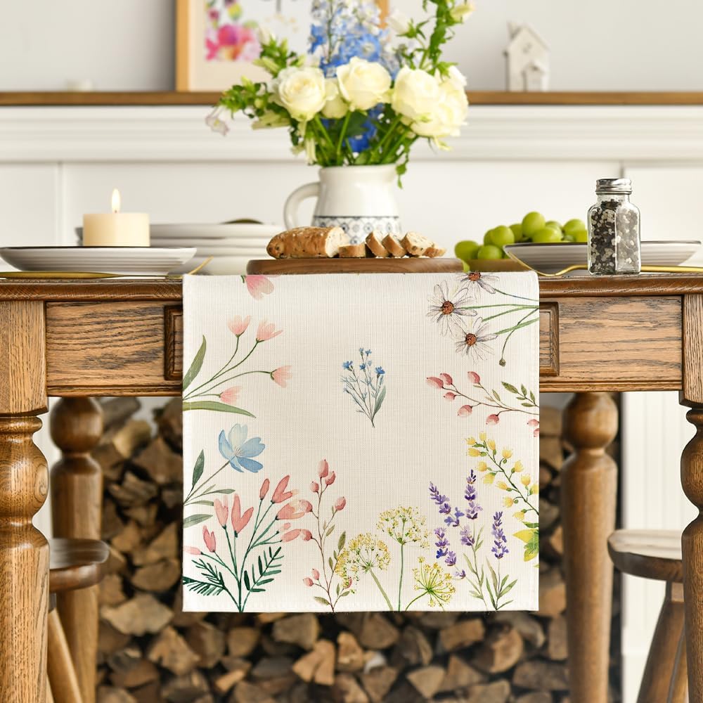 Flowers Floral Summer Table Runner, Seasonal Spring Fall Kitchen Dining Table Decoration for Home Party 13x72 Inch