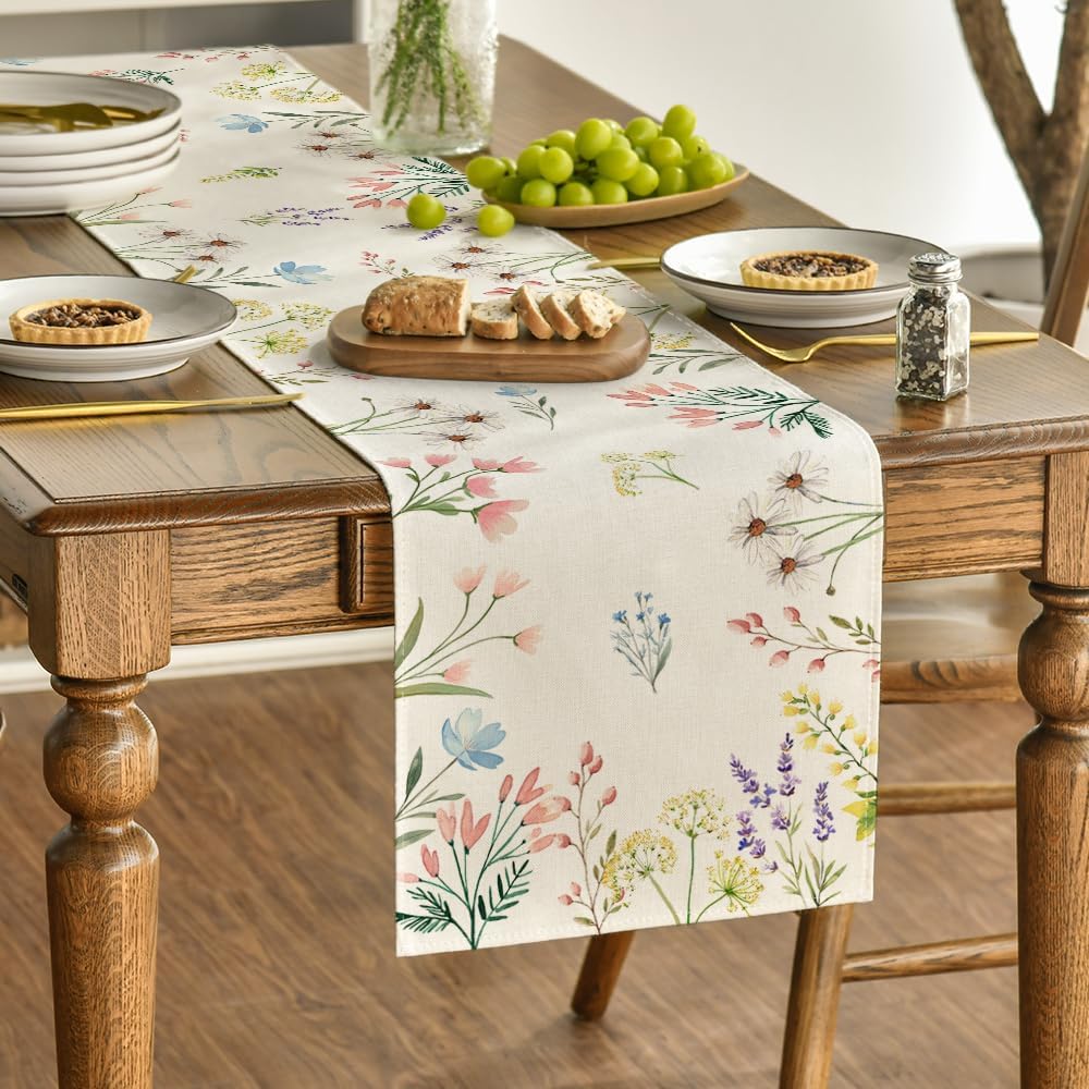 Flowers Floral Summer Table Runner, Seasonal Spring Fall Kitchen Dining Table Decoration for Home Party 13x72 Inch