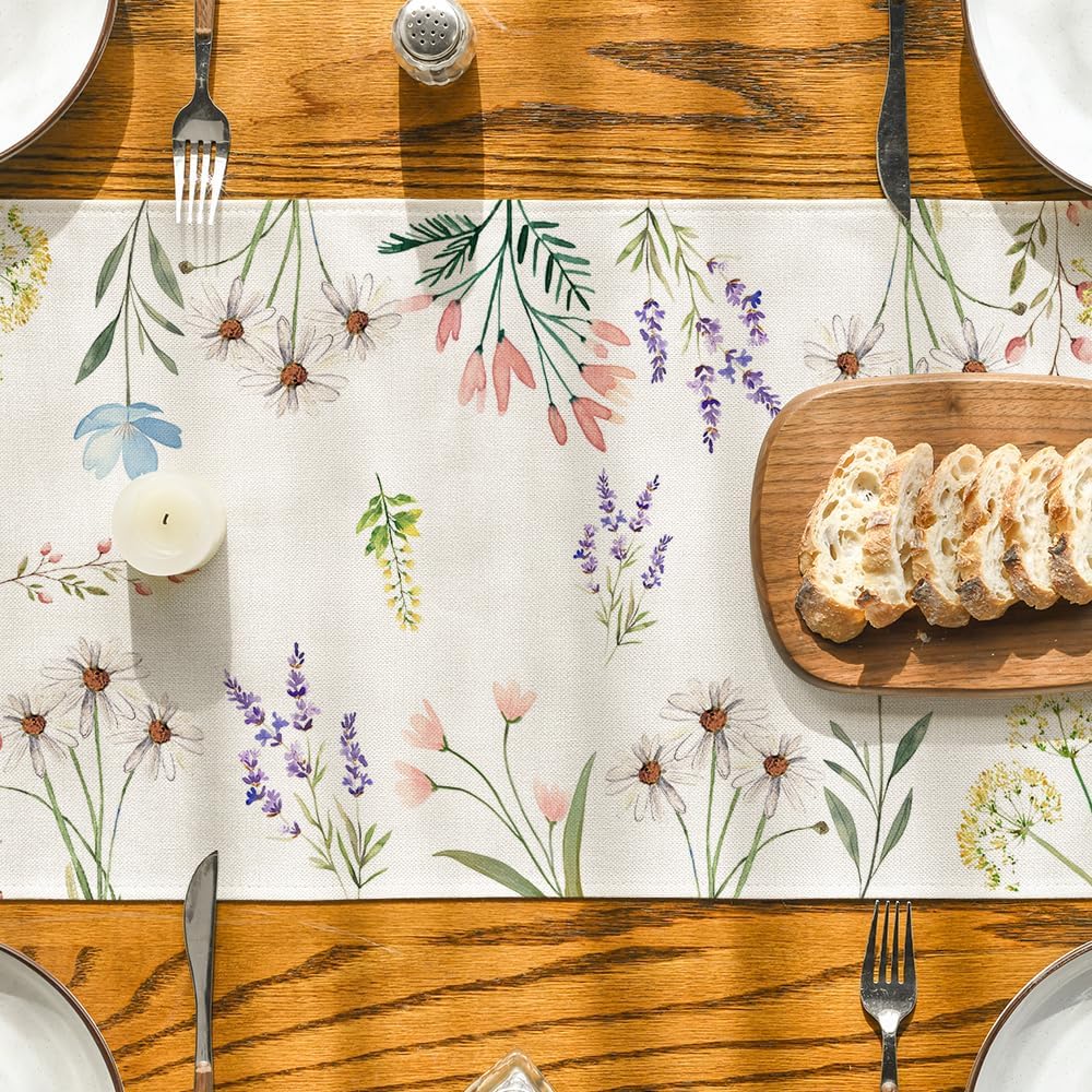 Flowers Floral Summer Table Runner, Seasonal Spring Fall Kitchen Dining Table Decoration for Home Party 13x72 Inch