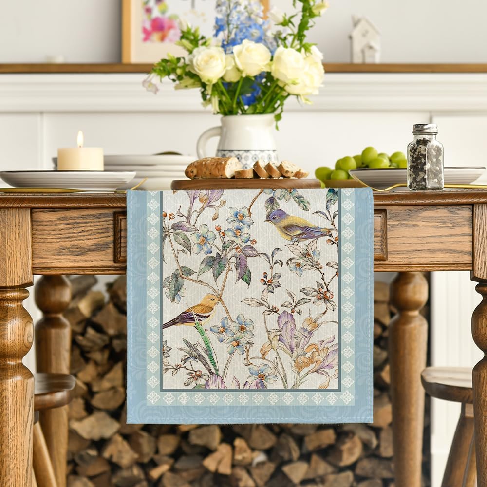 Blue Birds Flowers Blossom Table Runner, Seasonal Spring Floral Kitchen Dining Table Decoration for Home Party Decor 13x72 Inch