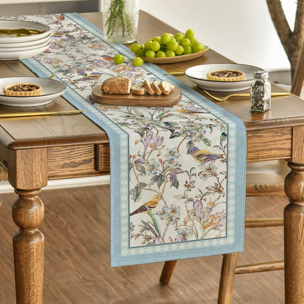 Blue Birds Flowers Blossom Table Runner, Seasonal Spring Floral Kitchen Dining Table Decoration for Home Party Decor 13x72 Inch