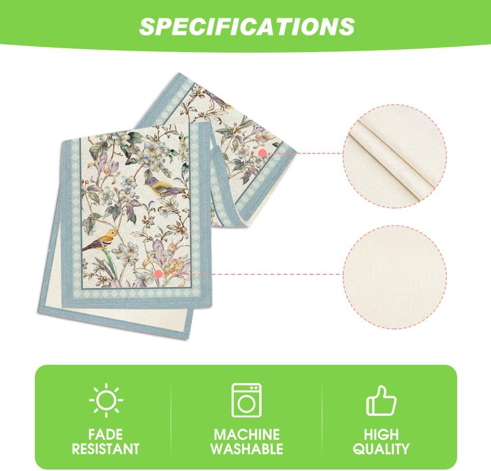 Blue Birds Flowers Blossom Table Runner, Seasonal Spring Floral Kitchen Dining Table Decoration for Home Party Decor 13x72 Inch