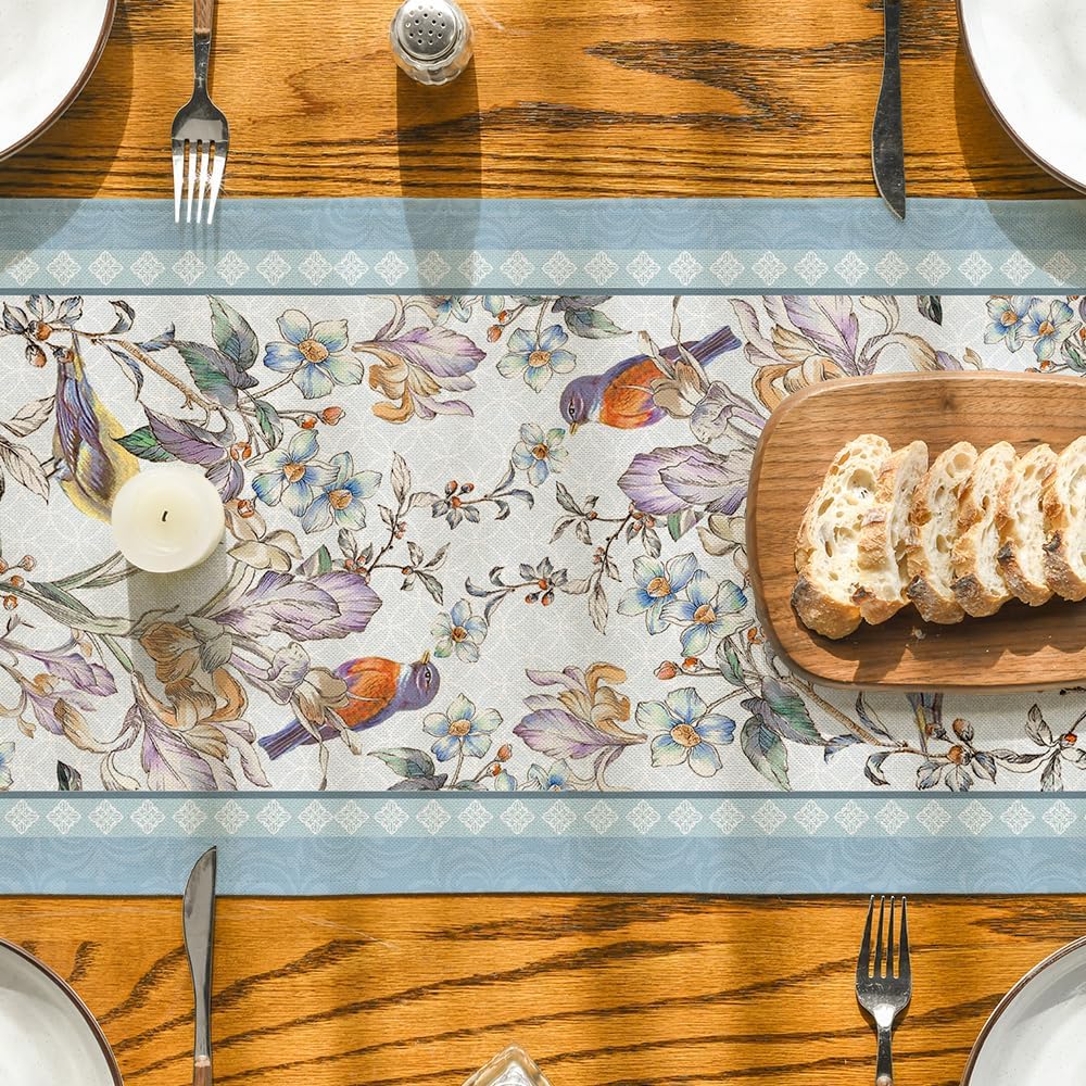 Blue Birds Flowers Blossom Table Runner, Seasonal Spring Floral Kitchen Dining Table Decoration for Home Party Decor 13x72 Inch