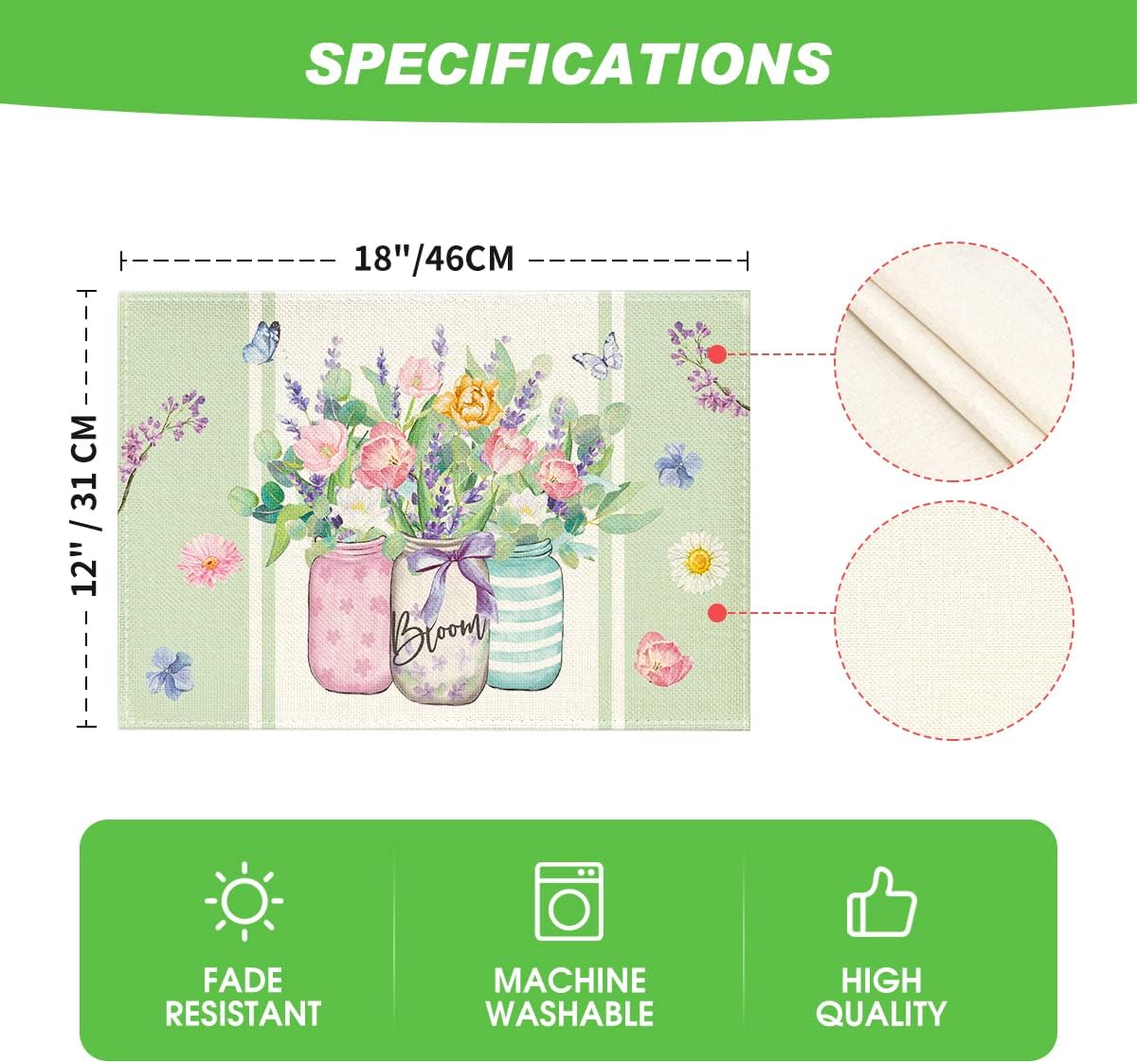 Bloom Vase Floral Spring Placemats Set of 4, 12x18 Inch Seasonal Table Mats for Party Kitchen Dining Decoration