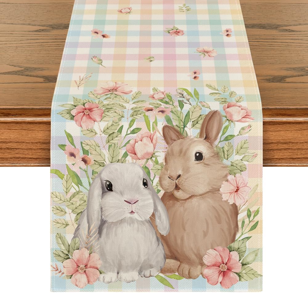 Bunny Rabbit Leaves Floral Easter Table Runner, Seasonal Spring Kitchen Dining Table Decoration for Home Party Decor 13x72 Inch