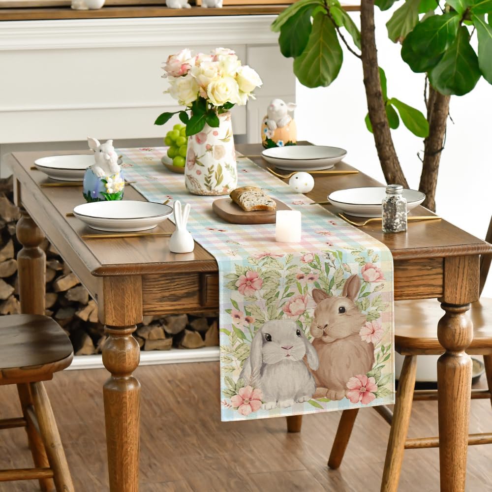 Bunny Rabbit Leaves Floral Easter Table Runner, Seasonal Spring Kitchen Dining Table Decoration for Home Party Decor 13x72 Inch