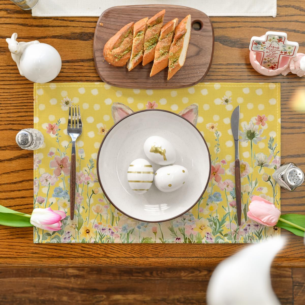 Yellow Bunny Polka Dot Easter Placemats Set of 4, 12x18 Inch Flower Seasonal Spring Holiday Table Mats for Party Kitchen Dining Decoration
