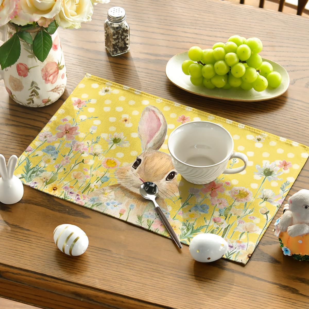 Yellow Bunny Polka Dot Easter Placemats Set of 4, 12x18 Inch Flower Seasonal Spring Holiday Table Mats for Party Kitchen Dining Decoration