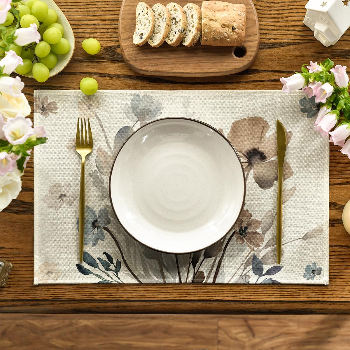 Brown Poppy Floral Leaves Fall Placemats Set of 4, 12x18 Inch Seasonal Spring Table Mats for Party Kitchen Dining Decoration