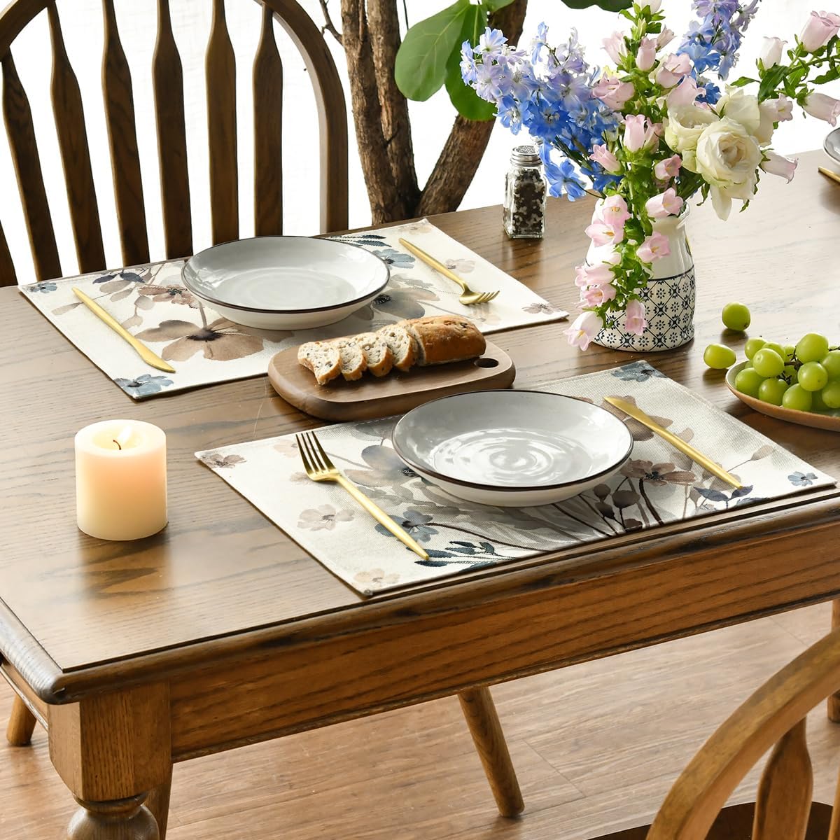 Brown Poppy Floral Leaves Fall Placemats Set of 4, 12x18 Inch Seasonal Spring Table Mats for Party Kitchen Dining Decoration