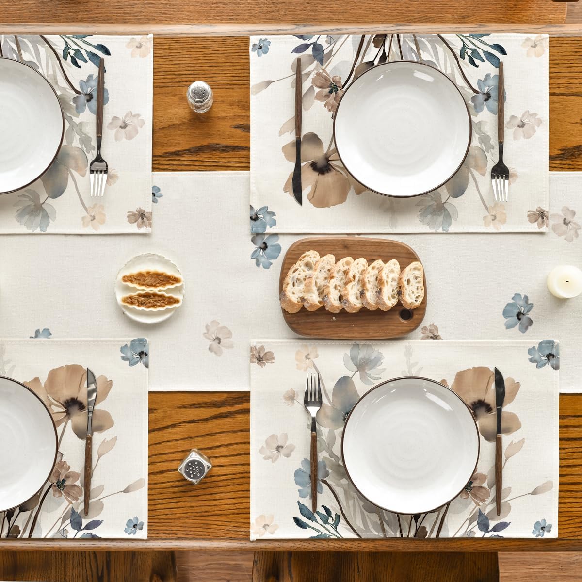 Brown Poppy Floral Leaves Fall Placemats Set of 4, 12x18 Inch Seasonal Spring Table Mats for Party Kitchen Dining Decoration
