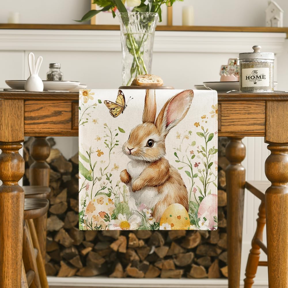 Bunny Rabbit Butterfly Eggs Flowers Easter Table Runner, Seasonal Spring Kitchen Dining Table Decoration for Home Party Decor 13x72 Inch