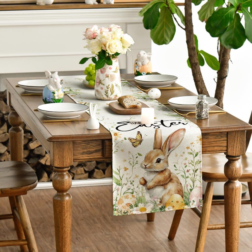 Bunny Rabbit Butterfly Eggs Flowers Easter Table Runner, Seasonal Spring Kitchen Dining Table Decoration for Home Party Decor 13x72 Inch