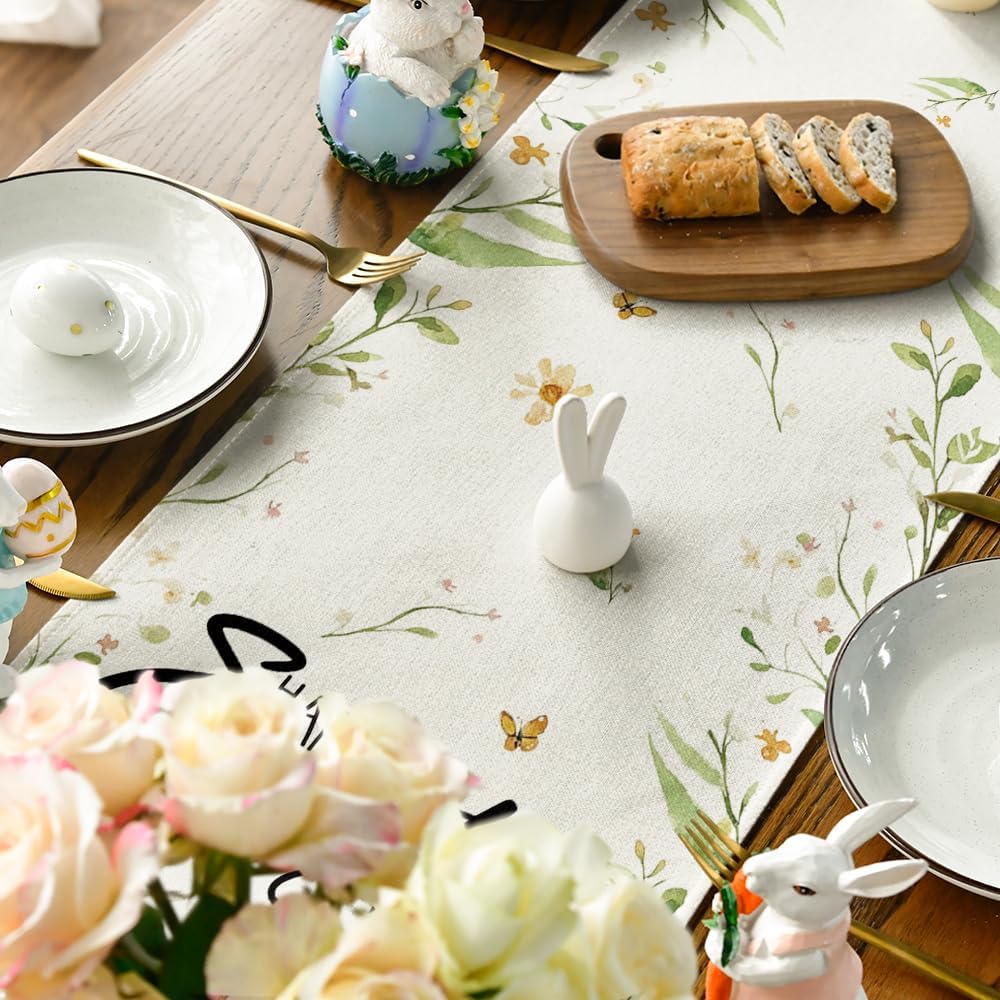 Bunny Rabbit Butterfly Eggs Flowers Easter Table Runner, Seasonal Spring Kitchen Dining Table Decoration for Home Party Decor 13x72 Inch