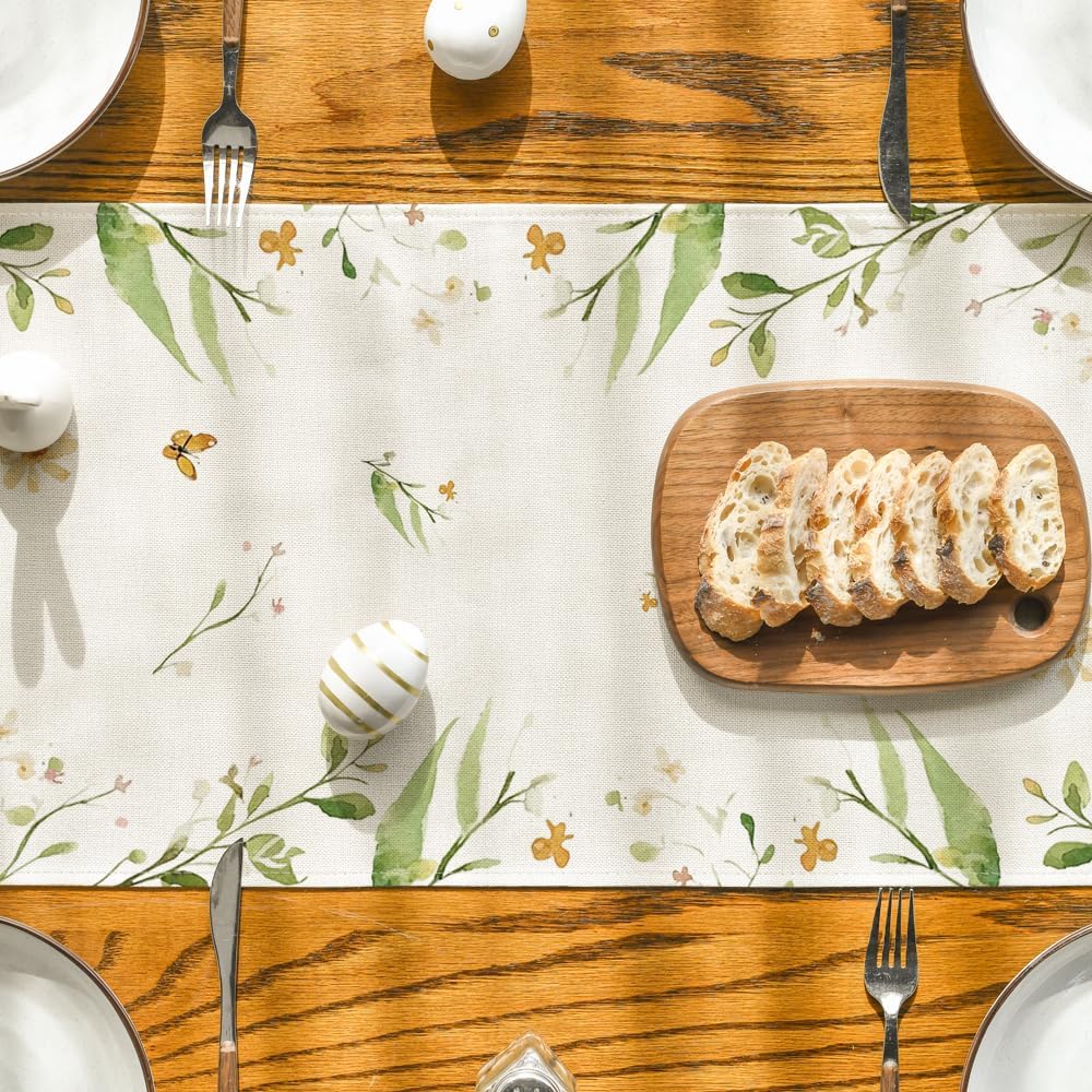 Bunny Rabbit Butterfly Eggs Flowers Easter Table Runner, Seasonal Spring Kitchen Dining Table Decoration for Home Party Decor 13x72 Inch