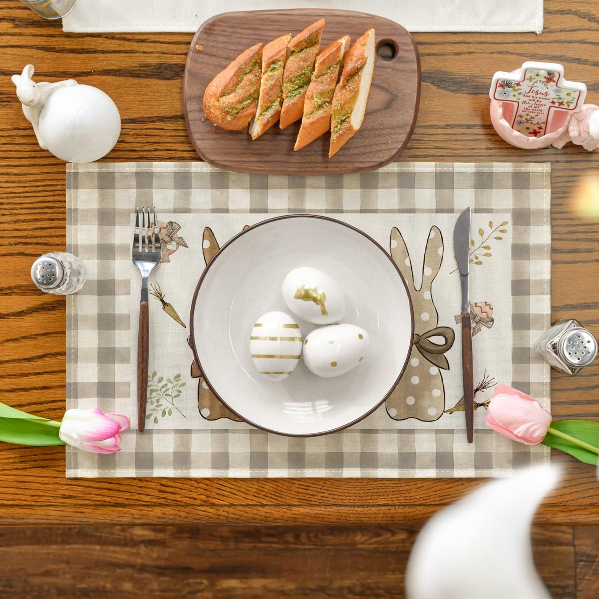 Buffalo Plaid Bunny Happy Easter Placemats Set of 4, 12x18 Inch Seasonal Holiday Table Mats for Party Kitchen Dining Decoration