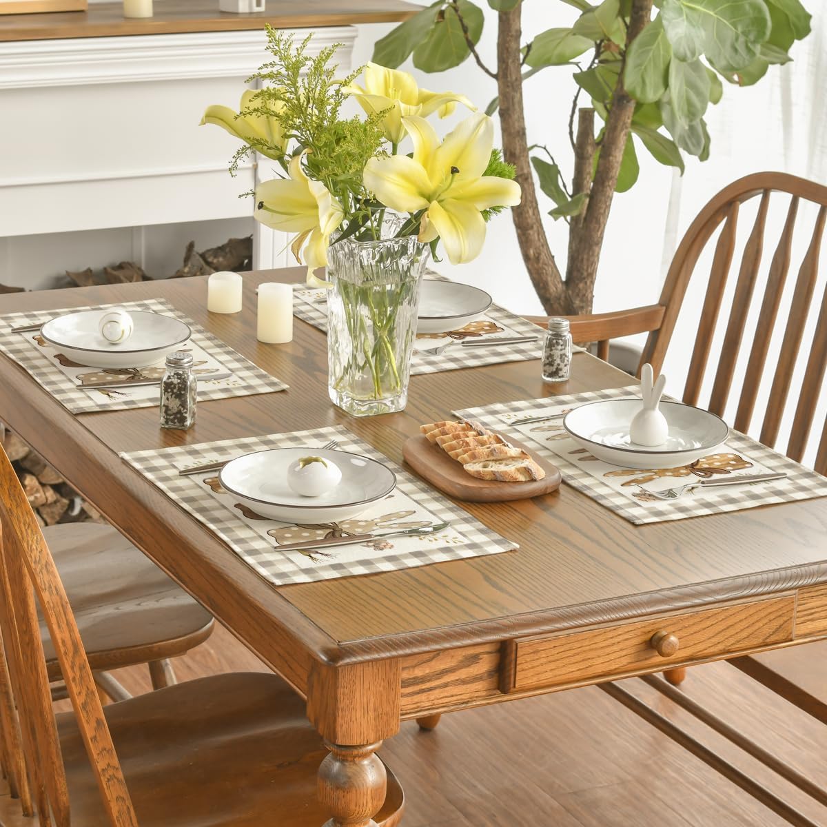 Buffalo Plaid Bunny Happy Easter Placemats Set of 4, 12x18 Inch Seasonal Holiday Table Mats for Party Kitchen Dining Decoration