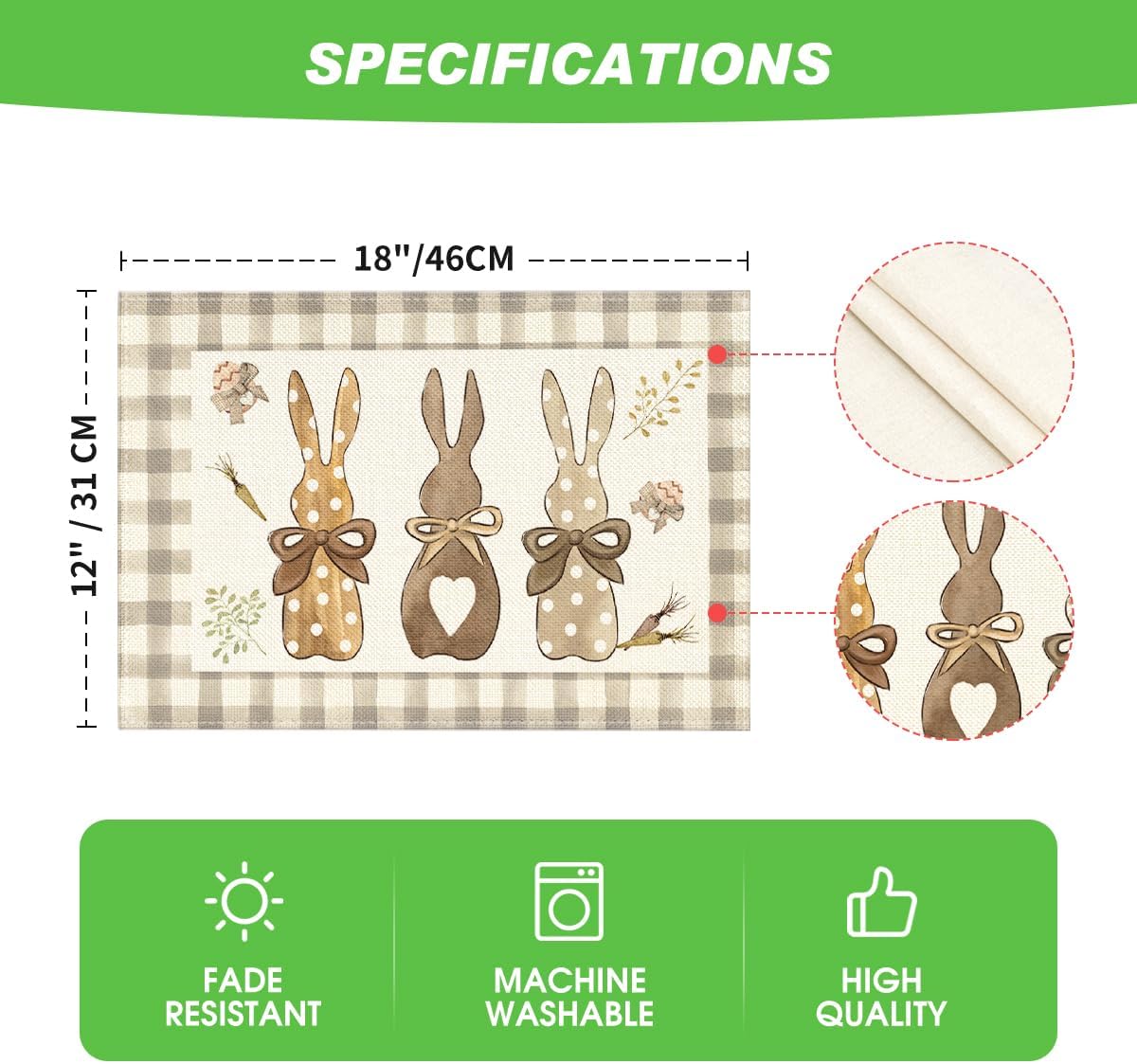 Buffalo Plaid Bunny Happy Easter Placemats Set of 4, 12x18 Inch Seasonal Holiday Table Mats for Party Kitchen Dining Decoration