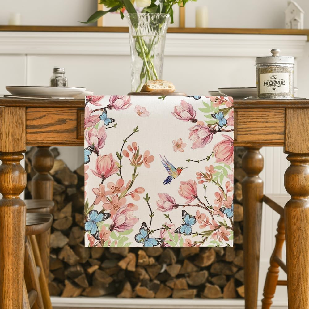 Flowers Bird Butterfly Spring Table Runner, Seasonal Kitchen Dining Table Decoration for Home Party Decor 13x72 Inch