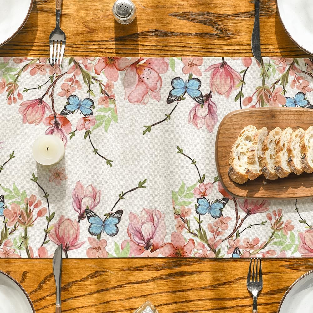 Flowers Bird Butterfly Spring Table Runner, Seasonal Kitchen Dining Table Decoration for Home Party Decor 13x72 Inch