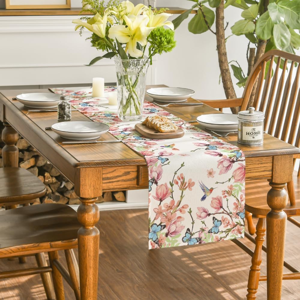Flowers Bird Butterfly Spring Table Runner, Seasonal Kitchen Dining Table Decoration for Home Party Decor 13x72 Inch