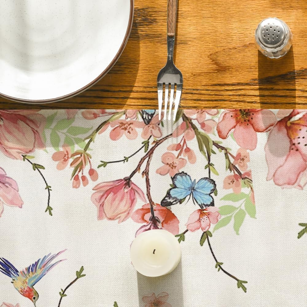 Flowers Bird Butterfly Spring Table Runner, Seasonal Kitchen Dining Table Decoration for Home Party Decor 13x72 Inch