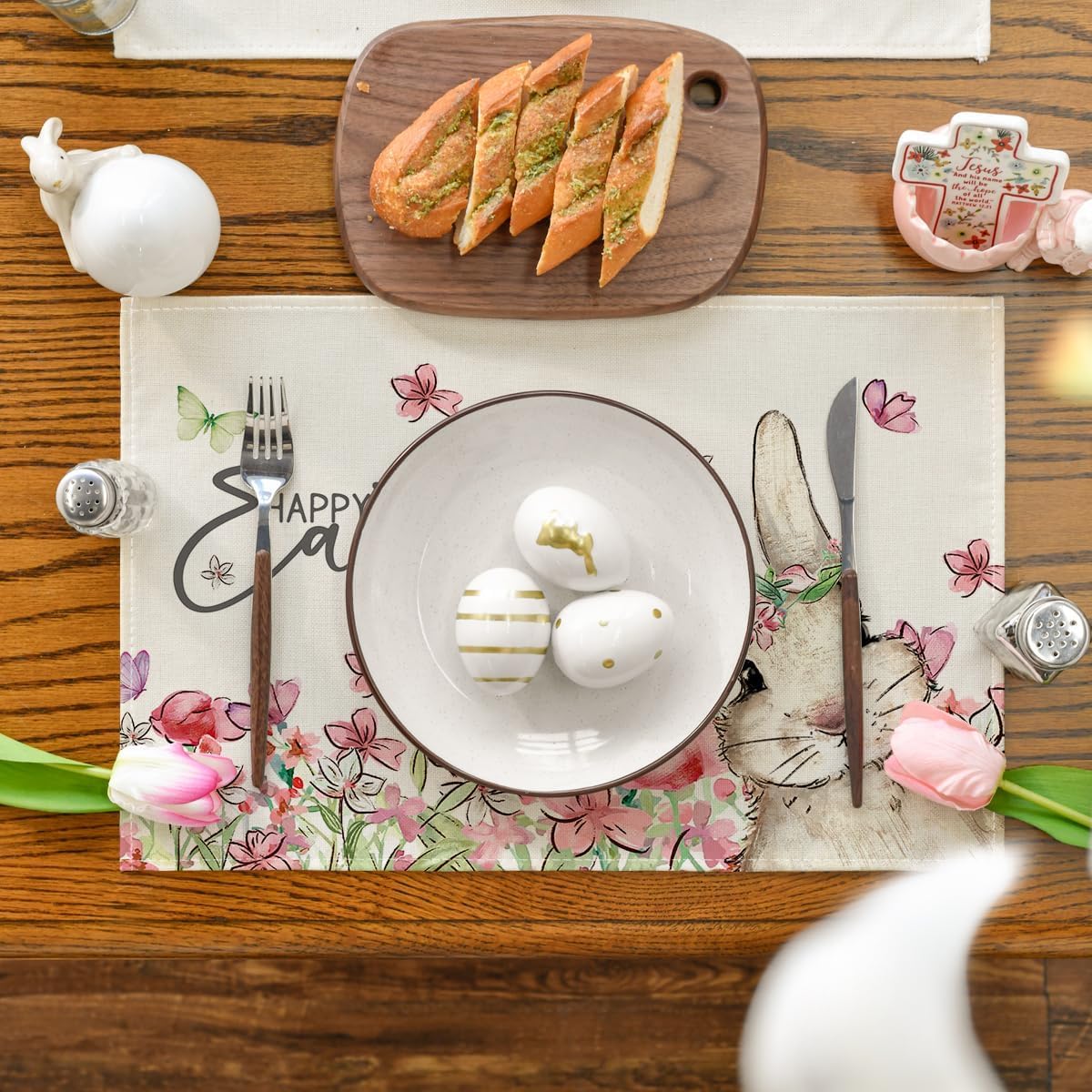 Floral Bunny Rabbit Easter Placemats Set of 4, 12x18 Inch Seasonal Spring Table Mats for Party Kitchen Dining Decoration
