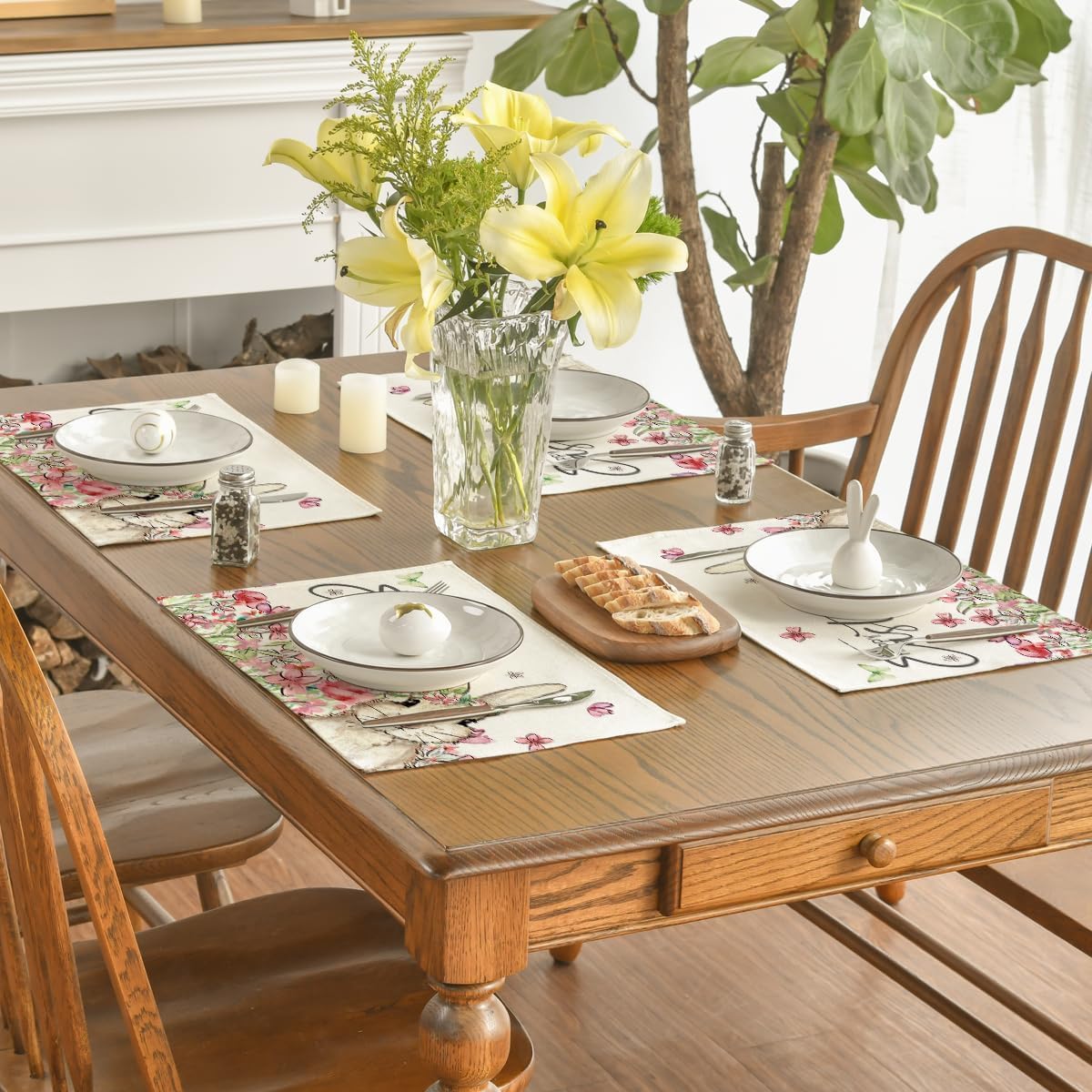 Floral Bunny Rabbit Easter Placemats Set of 4, 12x18 Inch Seasonal Spring Table Mats for Party Kitchen Dining Decoration