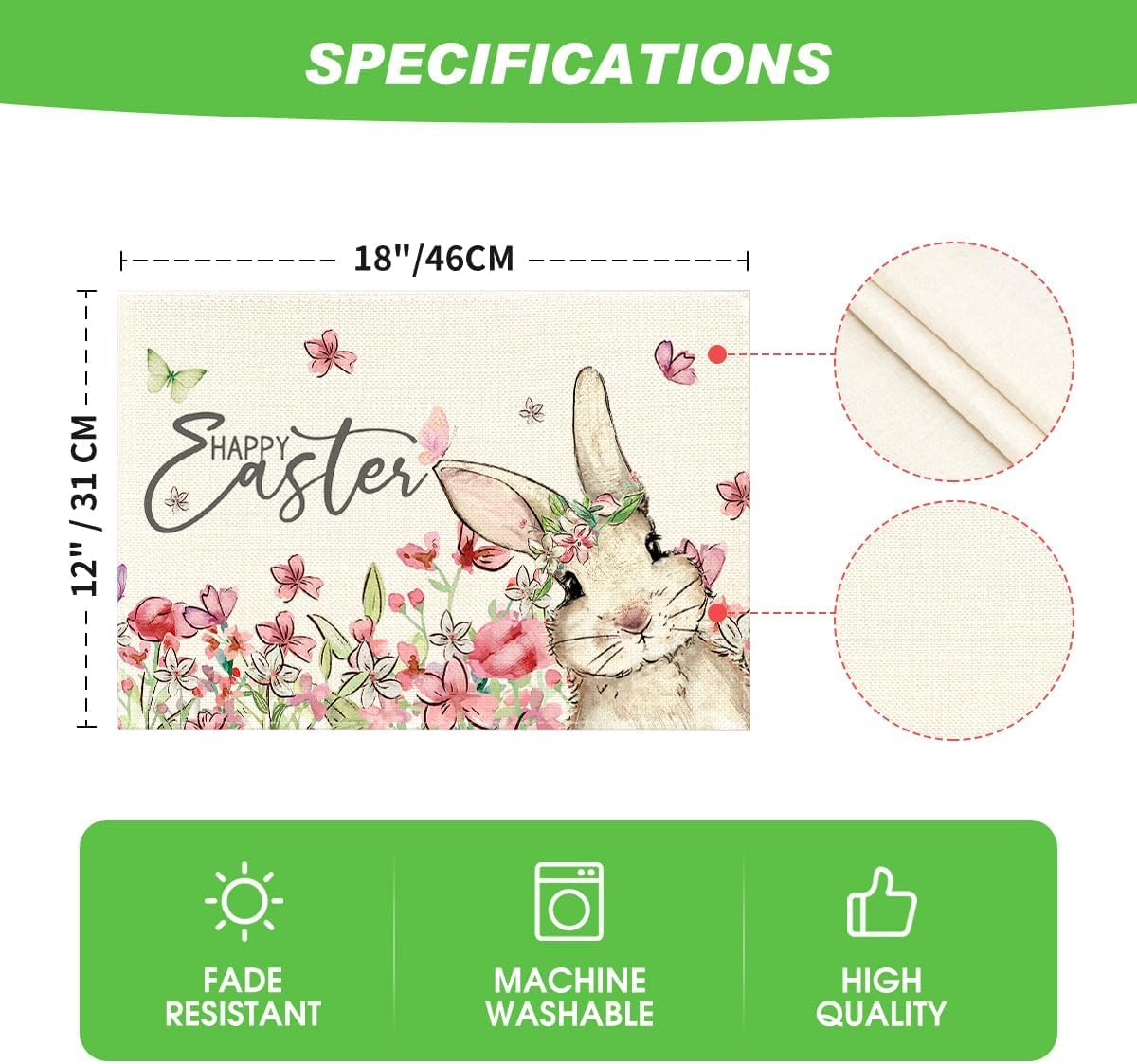 Floral Bunny Rabbit Easter Placemats Set of 4, 12x18 Inch Seasonal Spring Table Mats for Party Kitchen Dining Decoration