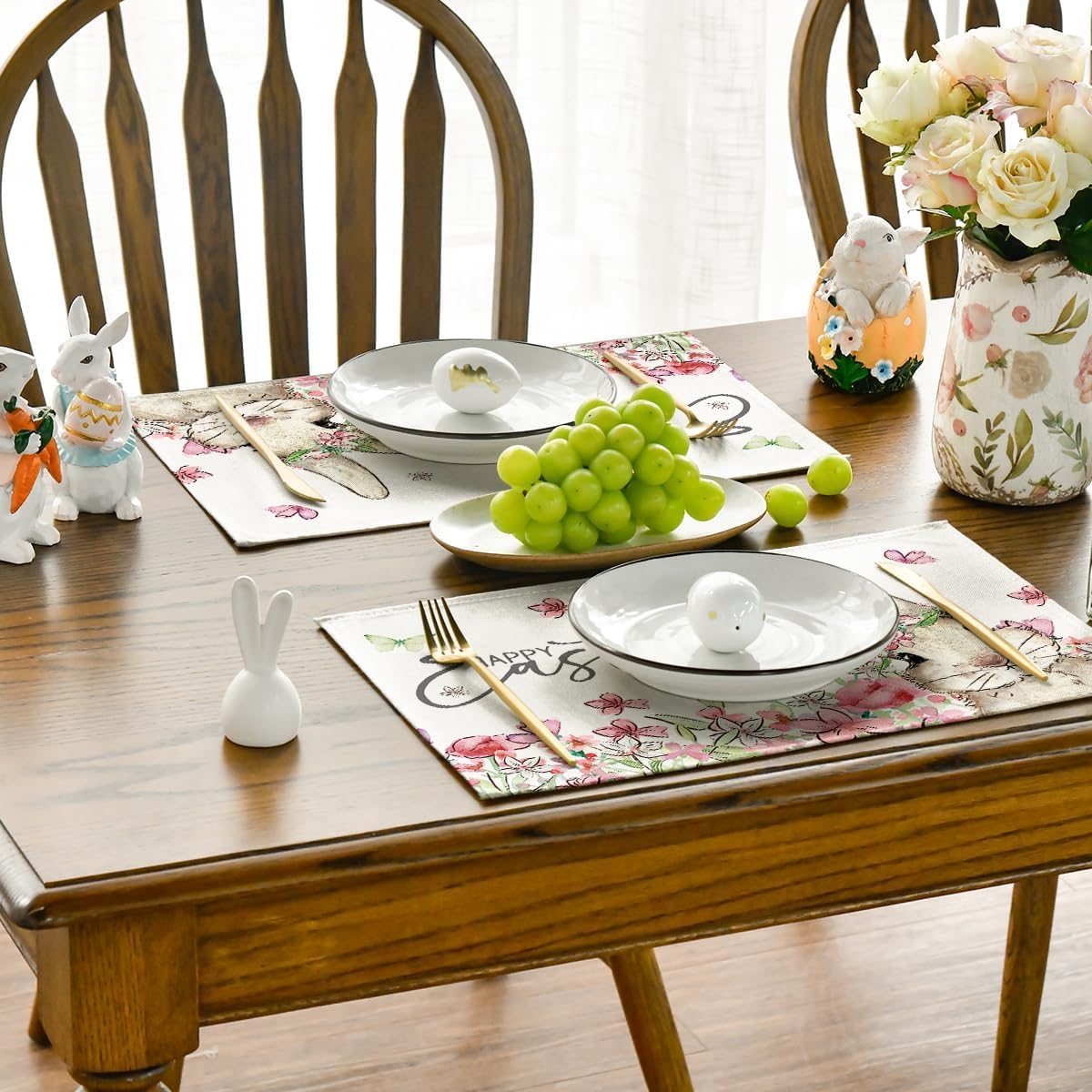 Floral Bunny Rabbit Easter Placemats Set of 4, 12x18 Inch Seasonal Spring Table Mats for Party Kitchen Dining Decoration