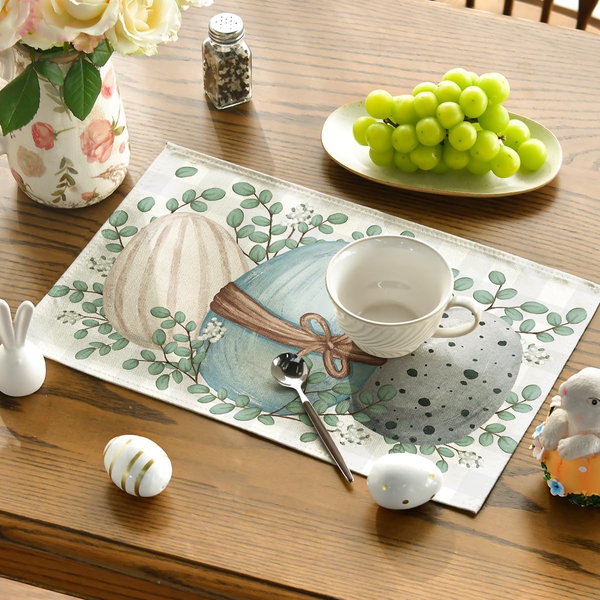 Eucalyptus Eggs Easter Placemats Set of 4, 12x18 Inch Spring Seasonal Table Mats for Party Kitchen Dining Decoration