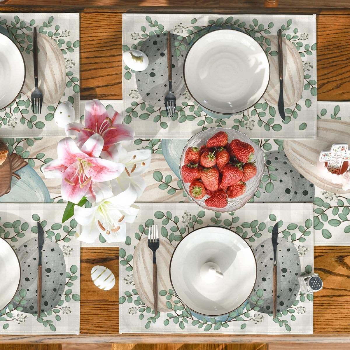 Eucalyptus Eggs Easter Placemats Set of 4, 12x18 Inch Spring Seasonal Table Mats for Party Kitchen Dining Decoration