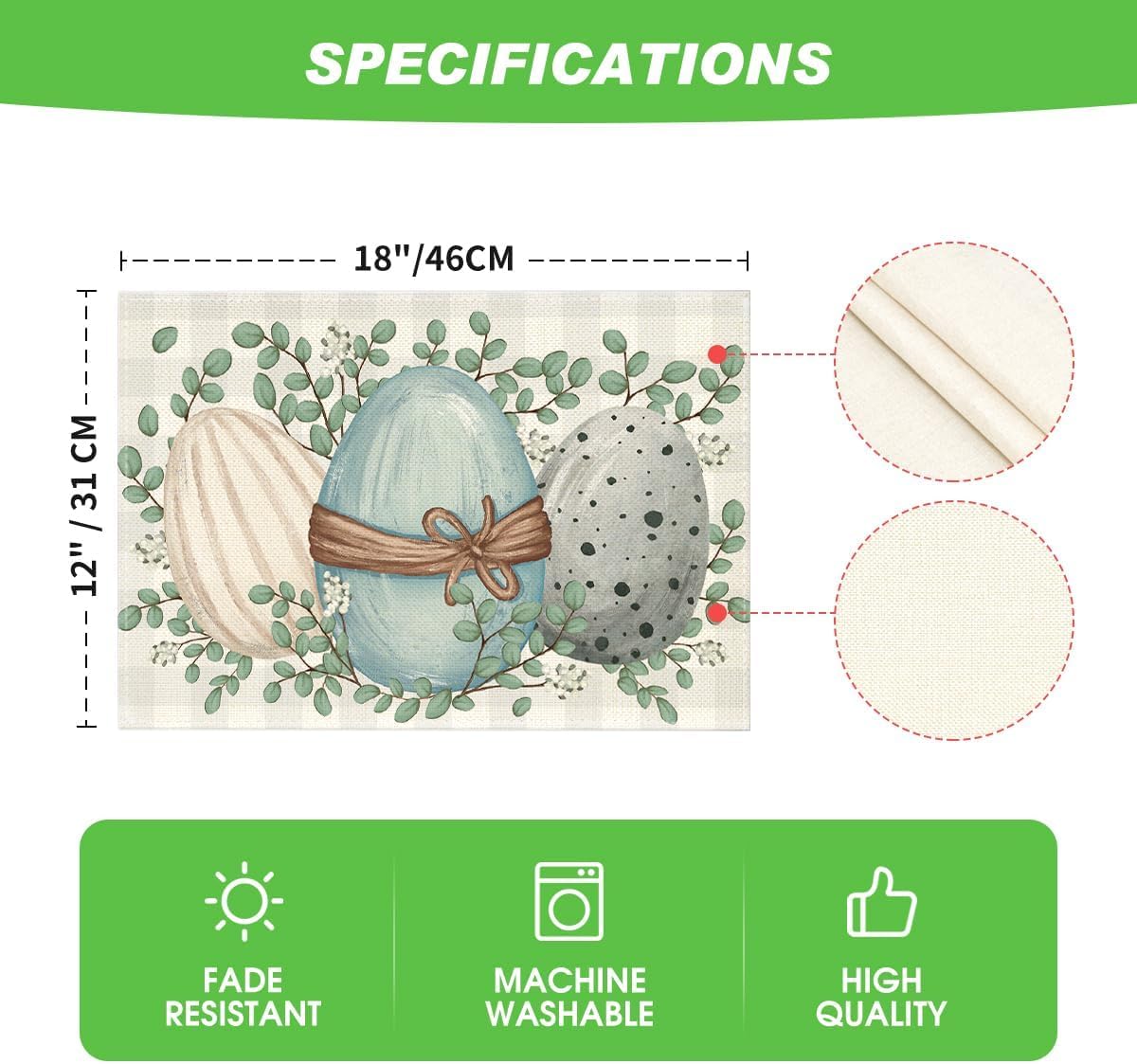 Eucalyptus Eggs Easter Placemats Set of 4, 12x18 Inch Spring Seasonal Table Mats for Party Kitchen Dining Decoration
