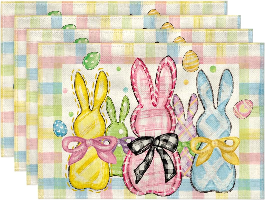 Colorful Buffalo Plaid Bunny Rabbits Happy Easter Placemats Set of 4, 12x18 Inch Seasonal Spring Holiday Table Mats for Party Kitchen Dining Decoration