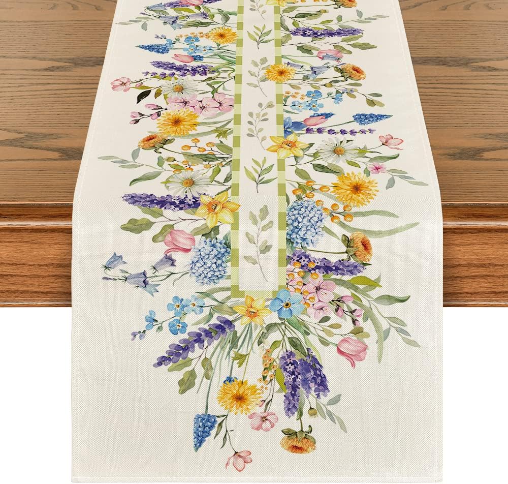 Bloom Flowers Florals Lavender Summer Table Runner, Seasonal Spring Holiday Kitchen Dining Table Decoration for Home Party Indoor 13x72 Inch