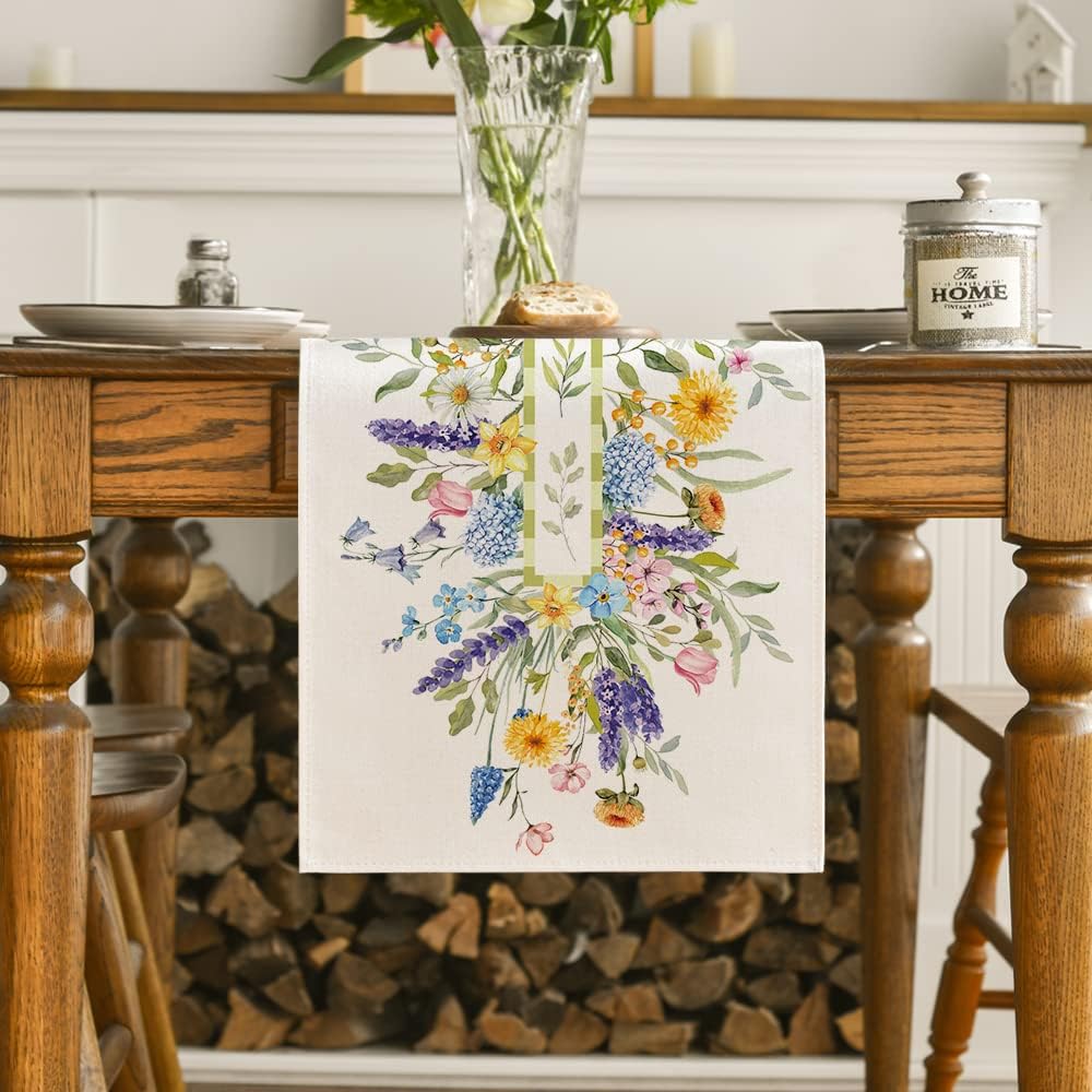 Bloom Flowers Florals Lavender Summer Table Runner, Seasonal Spring Holiday Kitchen Dining Table Decoration for Home Party Indoor 13x72 Inch