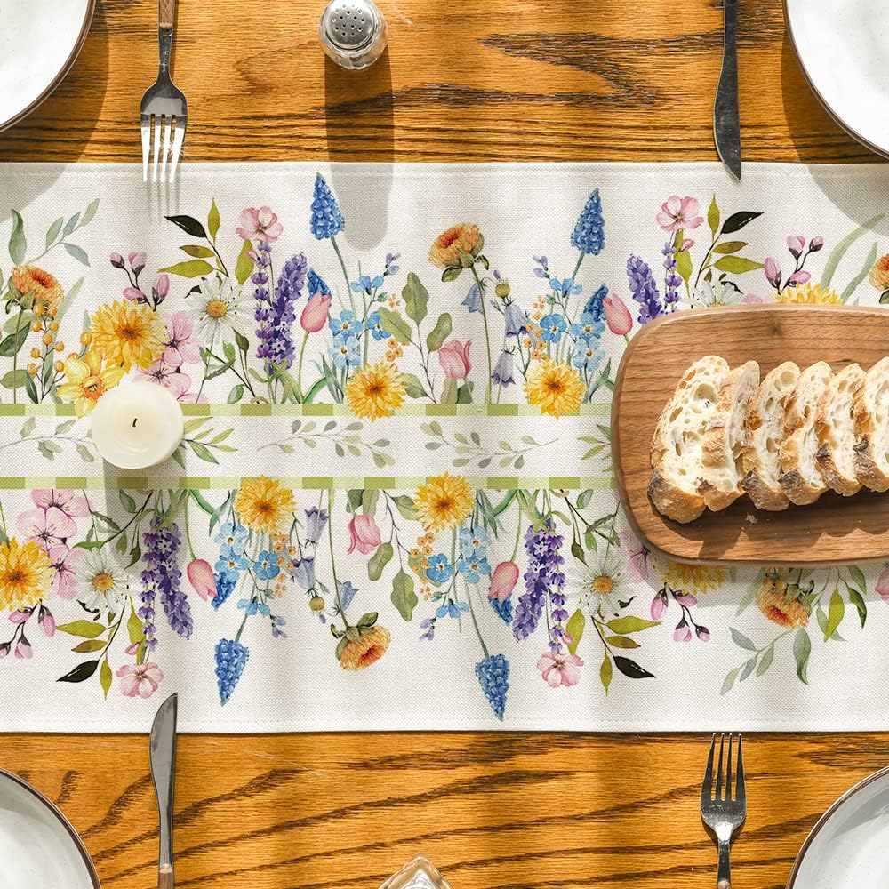 Bloom Flowers Florals Lavender Summer Table Runner, Seasonal Spring Holiday Kitchen Dining Table Decoration for Home Party Indoor 13x72 Inch