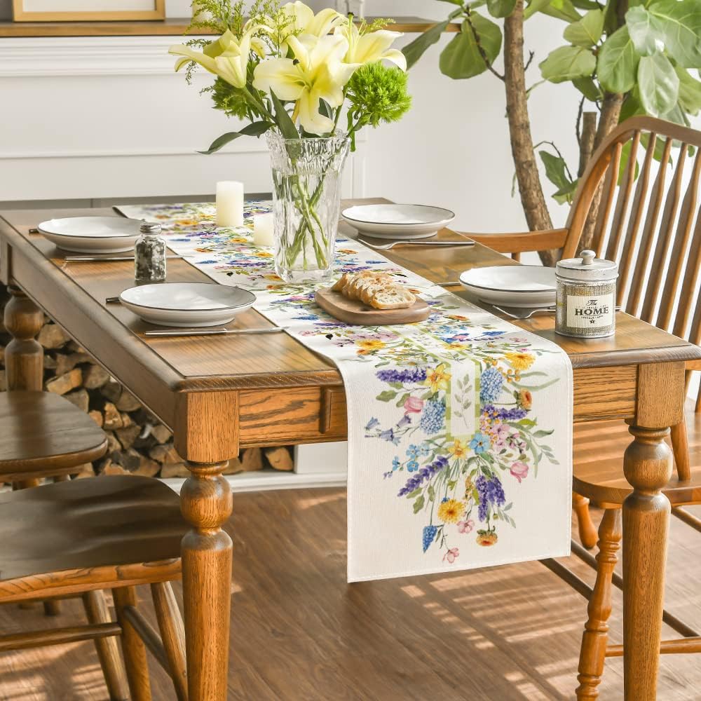 Bloom Flowers Florals Lavender Summer Table Runner, Seasonal Spring Holiday Kitchen Dining Table Decoration for Home Party Indoor 13x72 Inch