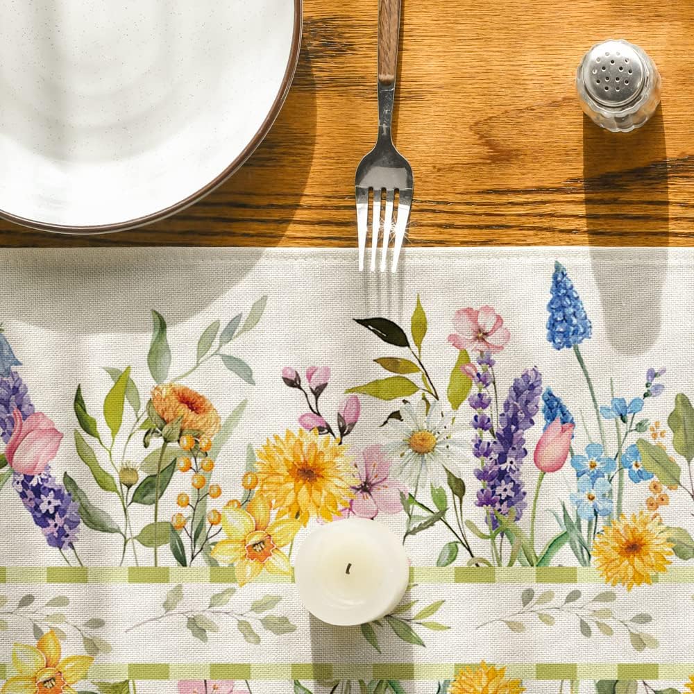 Bloom Flowers Florals Lavender Summer Table Runner, Seasonal Spring Holiday Kitchen Dining Table Decoration for Home Party Indoor 13x72 Inch