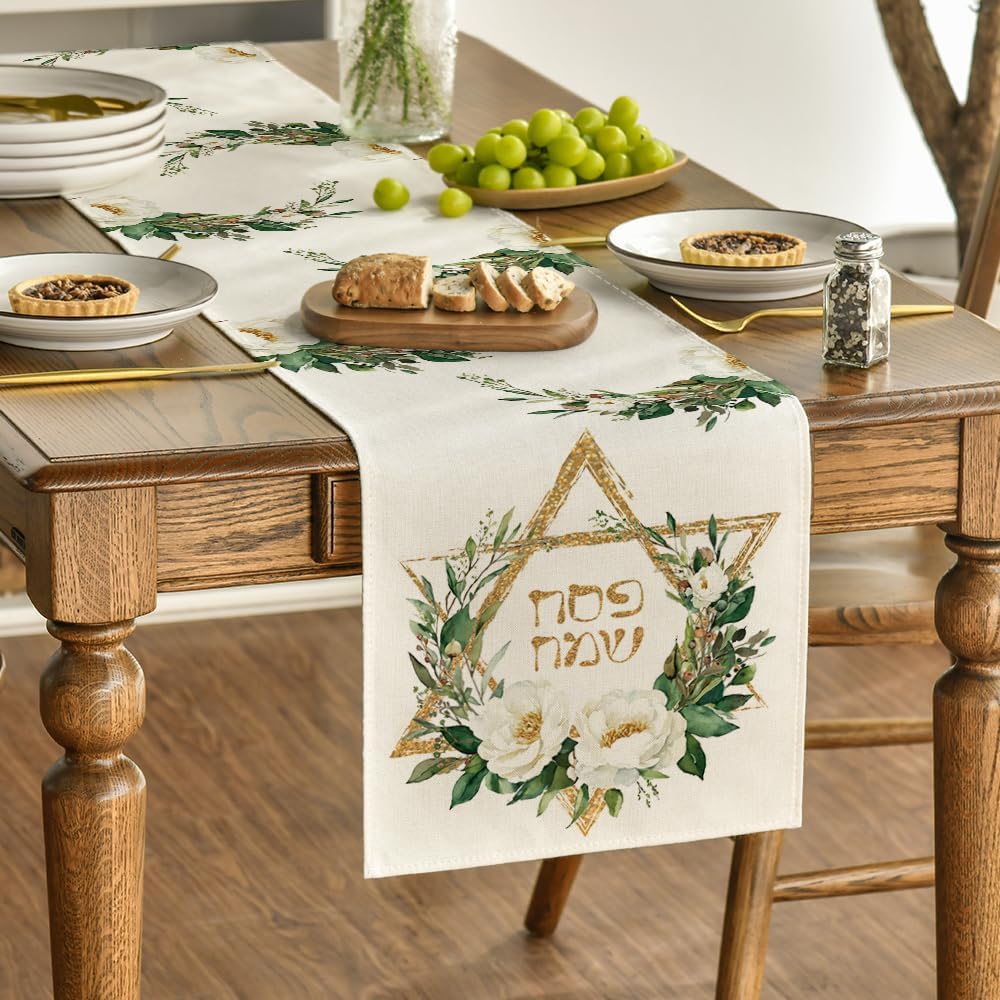 Hexagram Flowers Passover Table Runner, Jewish Spring Seasonal Holiday Kitchen Dining Table Decoration for Indoor Outdoor Home Party Decor 13 x 72 Inch