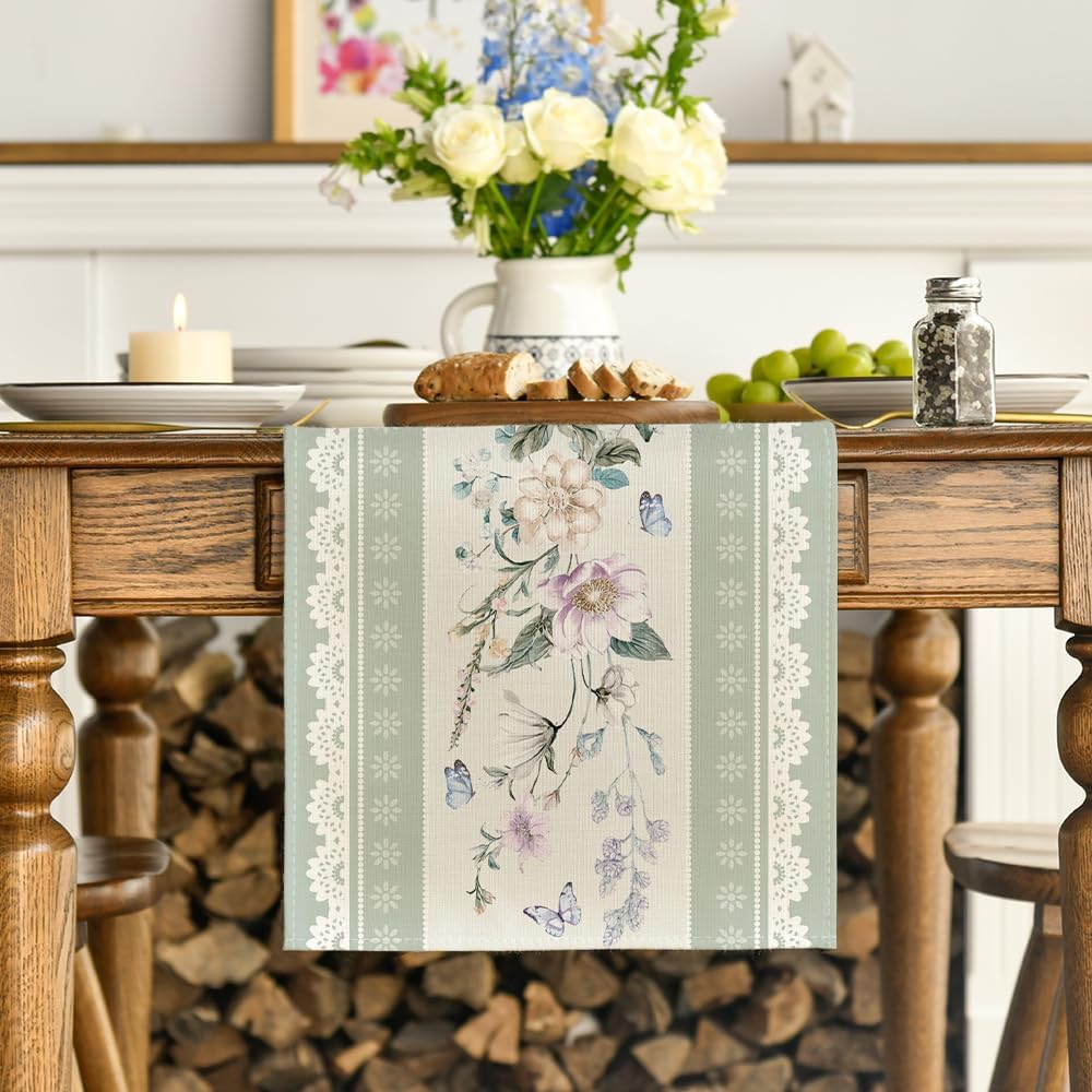 Green Printed Lace Floral 210 GSM Spring Table Runner, Seasonal Summer Kitchen Dining Table Decoration for Home Party Decor 13x72 Inch