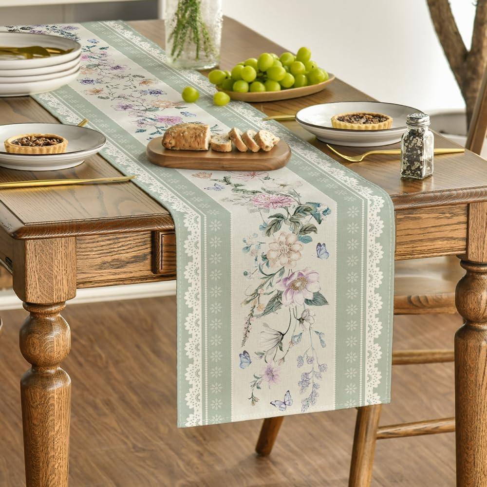 Green Printed Lace Floral 210 GSM Spring Table Runner, Seasonal Summer Kitchen Dining Table Decoration for Home Party Decor 13x72 Inch